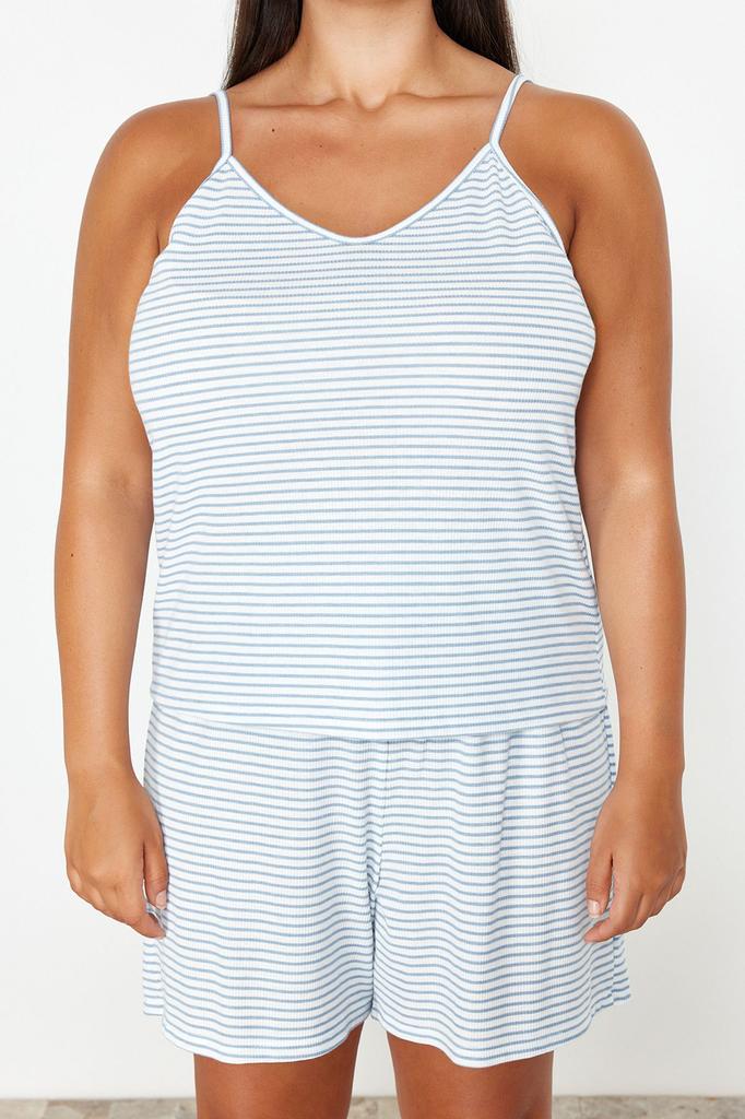 Женский стильный пижамный комплект больших размеров, черный полосатый вязаный пижамный комплект с тонким ремешком