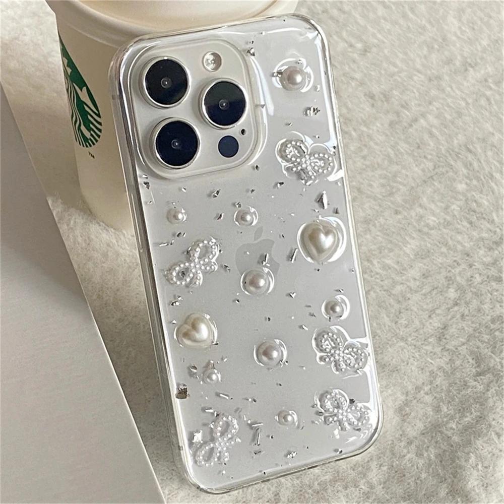 3D Жемчужный Бантик Серебряная Фольга Чехол Для Телефона Для iPhone 17 Air 16 15 14 12 11 Pro Max 13mini XS Max XR X Милый Прозрачный Мягкий Чехол