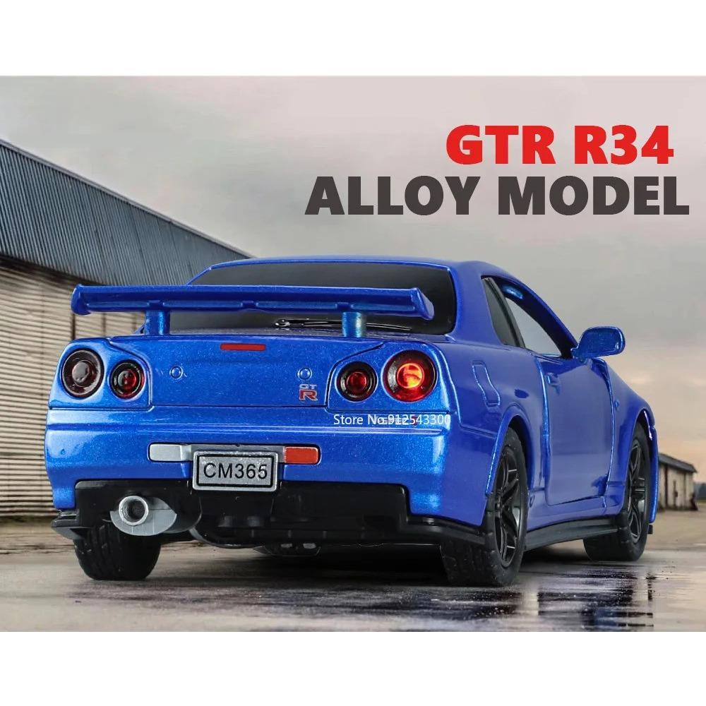 1/32 Nissan GTR R34 Модель автомобиля Игрушки Металлические литые имитационные транспортные средства со светом и инерционными игрушками Коллекция для мальчиков Подарки на праздники