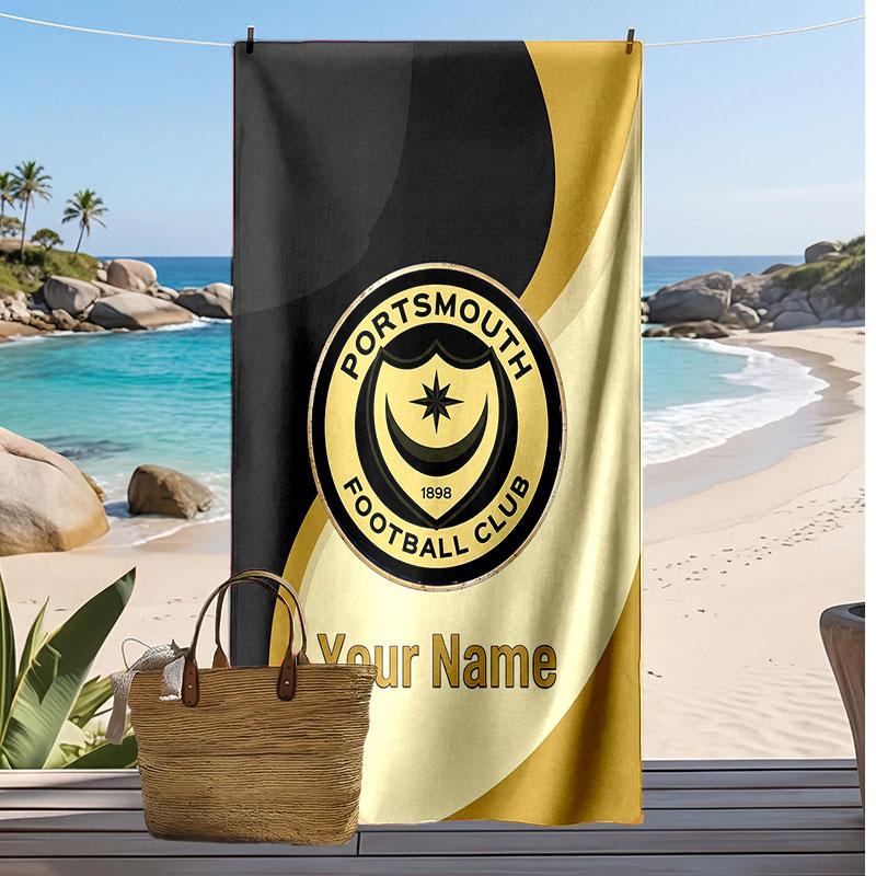 Portsmouth FC Personalized Printed Beach Towel Soccer Logo Support Custom Name Text Absorbent Towel For Sport Travel Special Gift