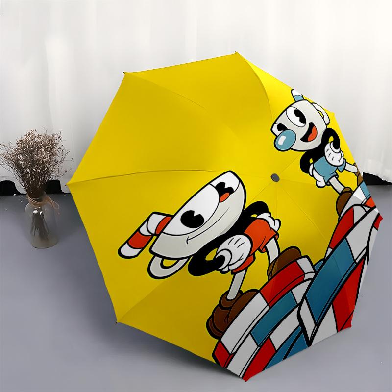 Cuphead & Mugman Automatic Folding Umbrella: Portable 3-Fold Design with 8-Bone Iron Frame - Perfect for Outdoor Use, Festive Gifts, and Dai