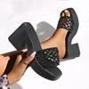 Large Size One-word Cool Slippers Summer New Solid Color Woven Hollow Square Head High Heels Thick-soled Thick-heeled Slippers