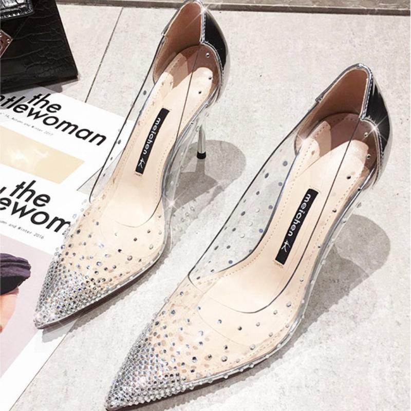 Fashion Wedding Shoes Women High Heels Luxury Rhinestone Women's Pumps Pointed Toe Thin Heels Women Shoes Transparent Crysta Dress Shoes