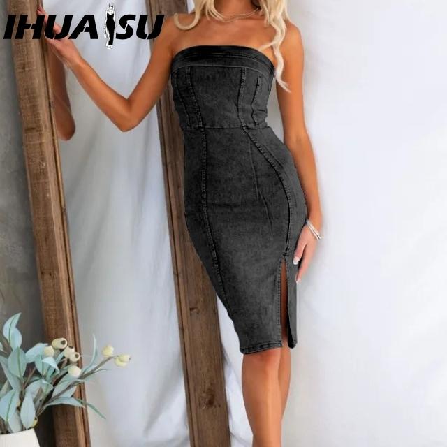 IHUASU Лето Весна Женские Boobs Сексуальные Spice Лоскутное Тонкий Без Рукавов Одно Плечо Джинсовое Платье