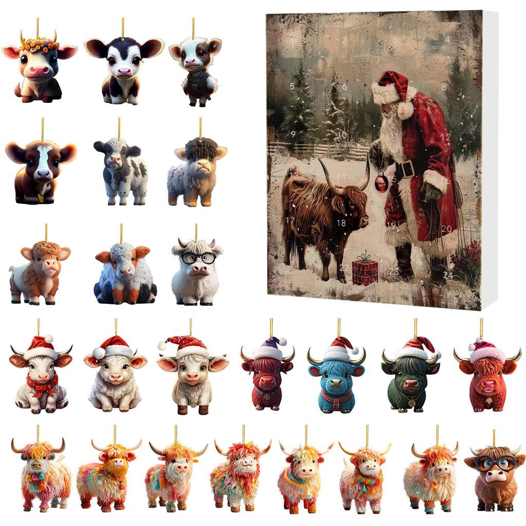 Christmas Advent Calendar Highland Cow Christmas Countdown 24pcs Christmas Tree Highland Cow Pendants Ornament 2D Flat Gift