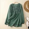 Women Casual Cotton Linen Blouse Shirts Korean Fashion Long Sleeved Oversize Tops And Blouses Embroidery Button Crewneck Loose Blusas