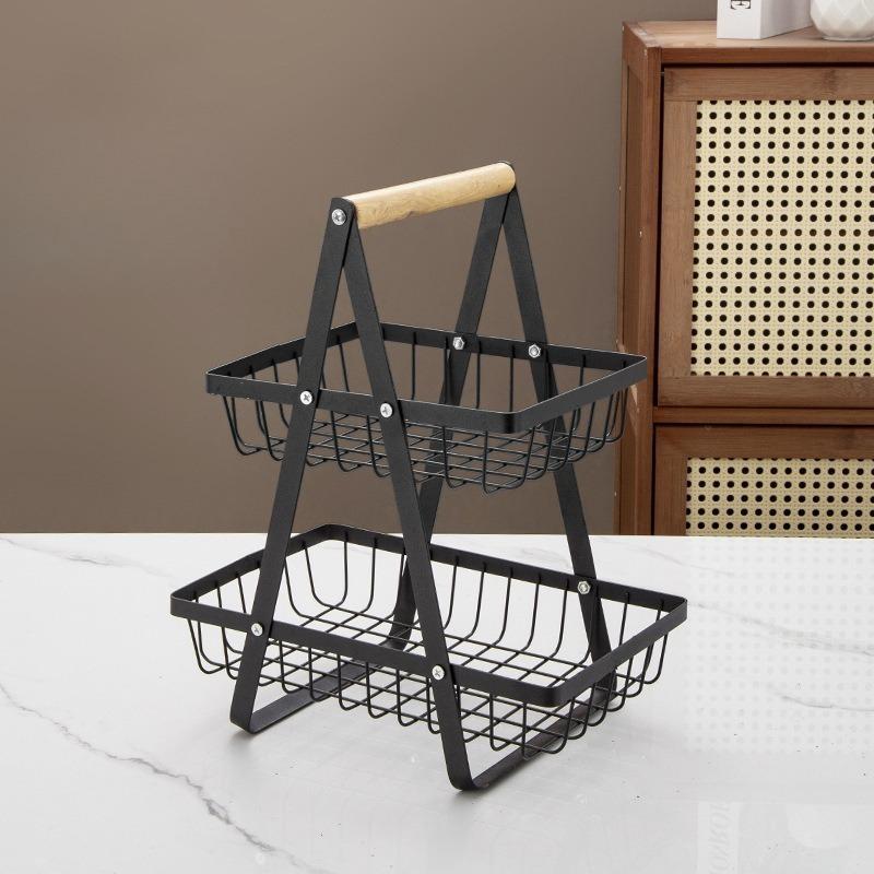 Wooden Handheld Basket Iron Multi functional Fruit Basket Storage Rack