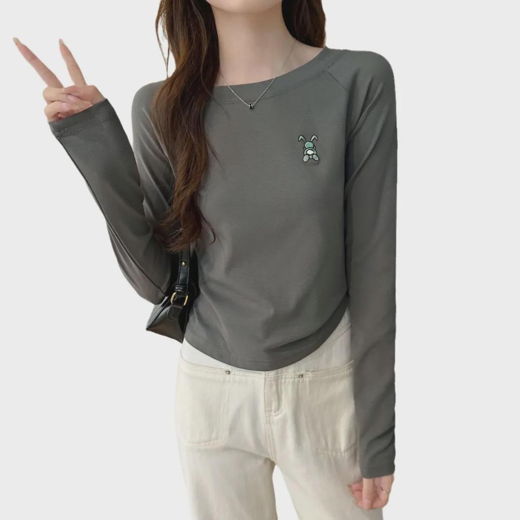 Женский топ из хлопка с длинными рукавами и круглым вырезом, осень 2024 года, вышитый