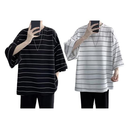 Летний мужской топ в полоску с рукавами три четверти с круглым вырезом Свободный пуловер в японском стиле с разрезом подол средней длины Мягкая повседневная футболка для подростков
