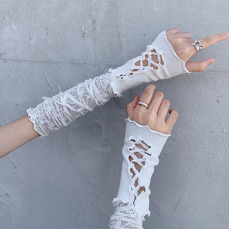 Lolita Ballet Style White Lace Gloves with Sleeves for Women - Thin Summer Sun Protection, Spicy Girl Lace-up Design