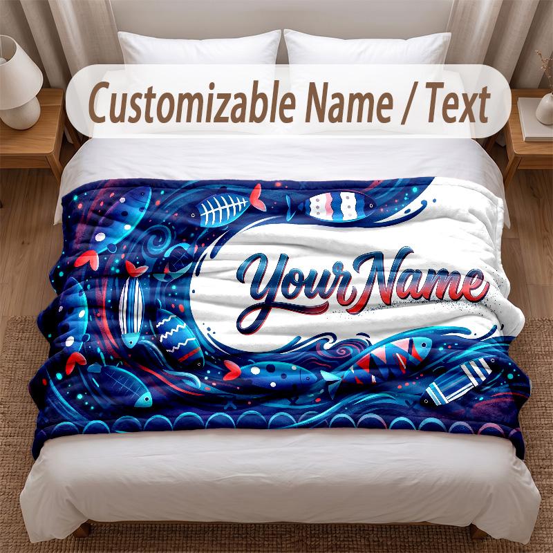 Fish Ocean Theme Soft Blanket Personalized Custom Name Text Print Warm Blanket Home Sofa Bedroom Decor