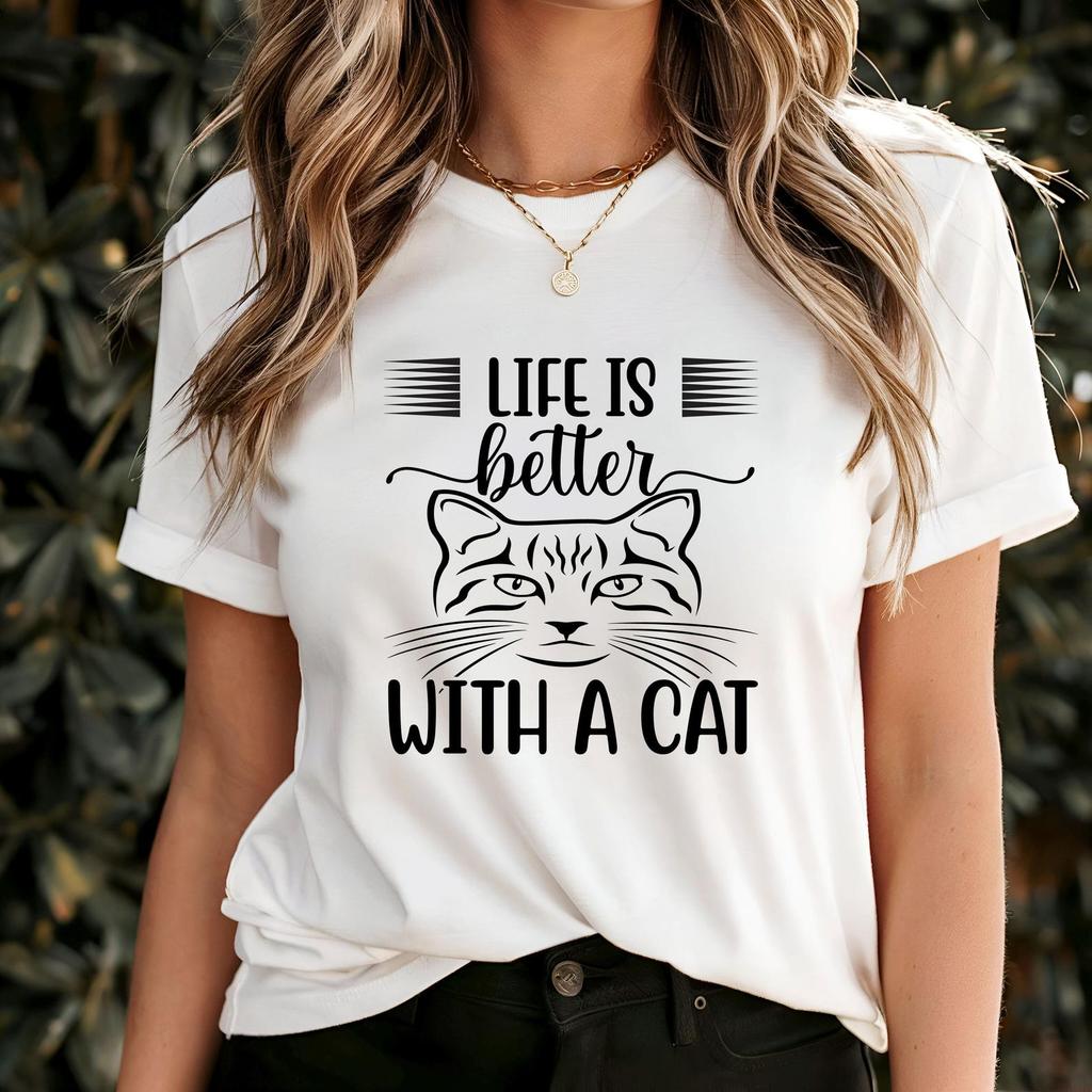 Life Is Better With a Cat T-Shirt, Cute Feline Lover Tee for Women, Funny Kitty Quote Shirt, Pet Mom Gift Idea, Meow Graphic Apparel