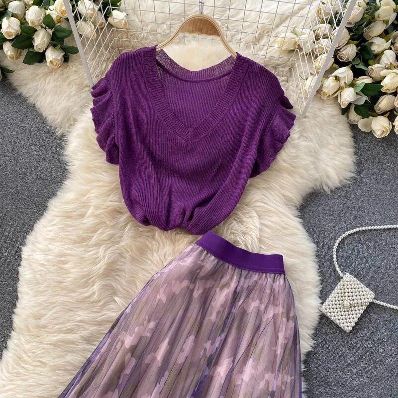 Новый летний повседневный комплект из двух предметов, женский вязаный свитер с рукавами-бабочками из люрекса, пуловер, длинная юбка-миди с принтом, костюм