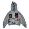 2025 New Fashion American Street Retro Y2K Men and Women with Demon Print Patch Loose Hooded Sweater Coat