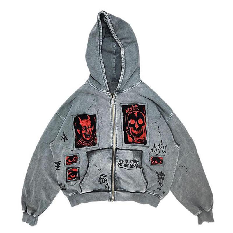 2025 New Fashion American Street Retro Y2K Men and Women with Demon Print Patch Loose Hooded Sweater Coat