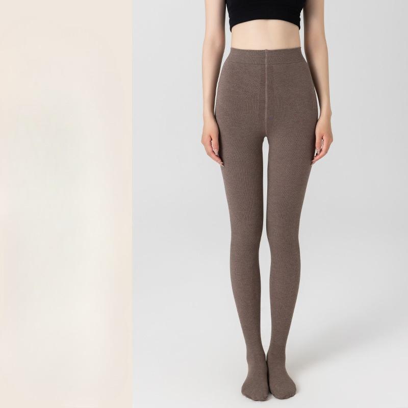 Spring Autumn Winter Women's Gray Vertical Stripe Fleece Lined Thick Warm Outer Wear Pantyhose & Black Compression Slimming Leggings