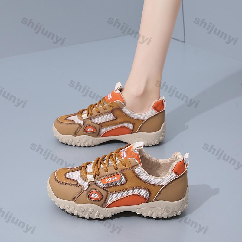 Fashion Women Shoes 2025 Spring New Breathable Mesh Non Slip Women Platform Sneakers Comfort Height Increase Lace-up Sewing Casual Shoes