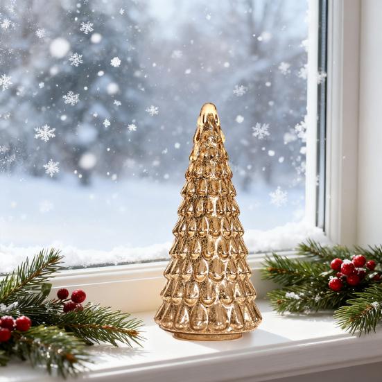 Illuminated Glass Christmas Tree Prelit Christmas Tree Figurine with LED Light Collection Crackled Glass Tree for Home Party