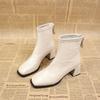 Square Head Thin Boots Thick Heel Middle Heel Fairy Temperament Short Boots Female Autumn and Winter New Versatile