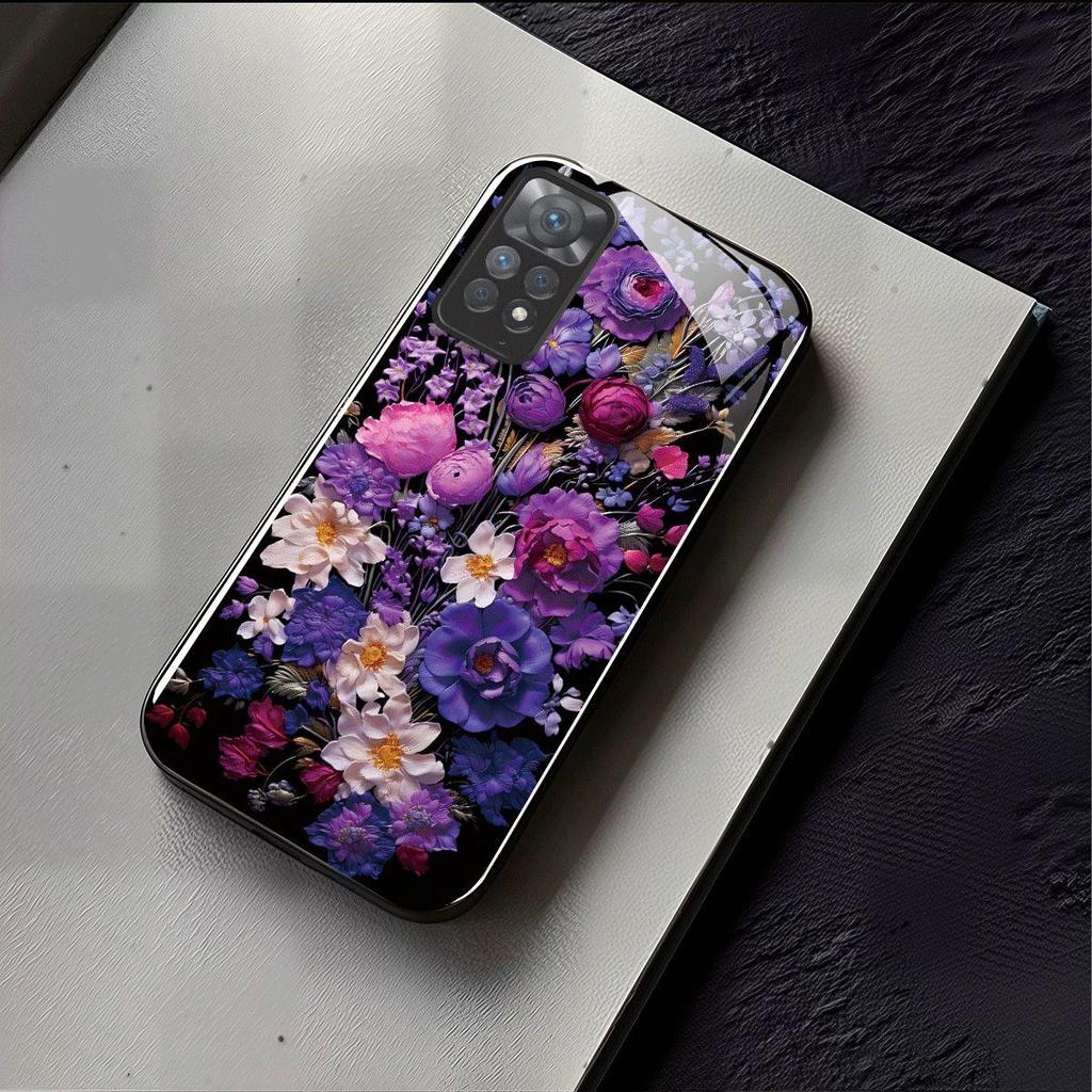 Shockproof Cover for Xiaomi Redmi Note 12 Pro 4G 11S 11 5G Vintage Oil Painting Purple Floral Phone Case, Glossy Acrylic Back TPU Bumper