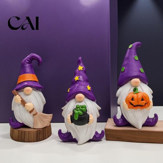 Halloween Souvenirs for Kids Gnome Resin Figurine, Broom Cauldron Pumpkin Dwarf Holiday Party Supplies Statue Desk Shelf, Spooky Cute