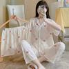 Short-Sleeved Pajamas Three-Piece Korean Version Of Sweet And Cute Cardigan Women'S Loungewear