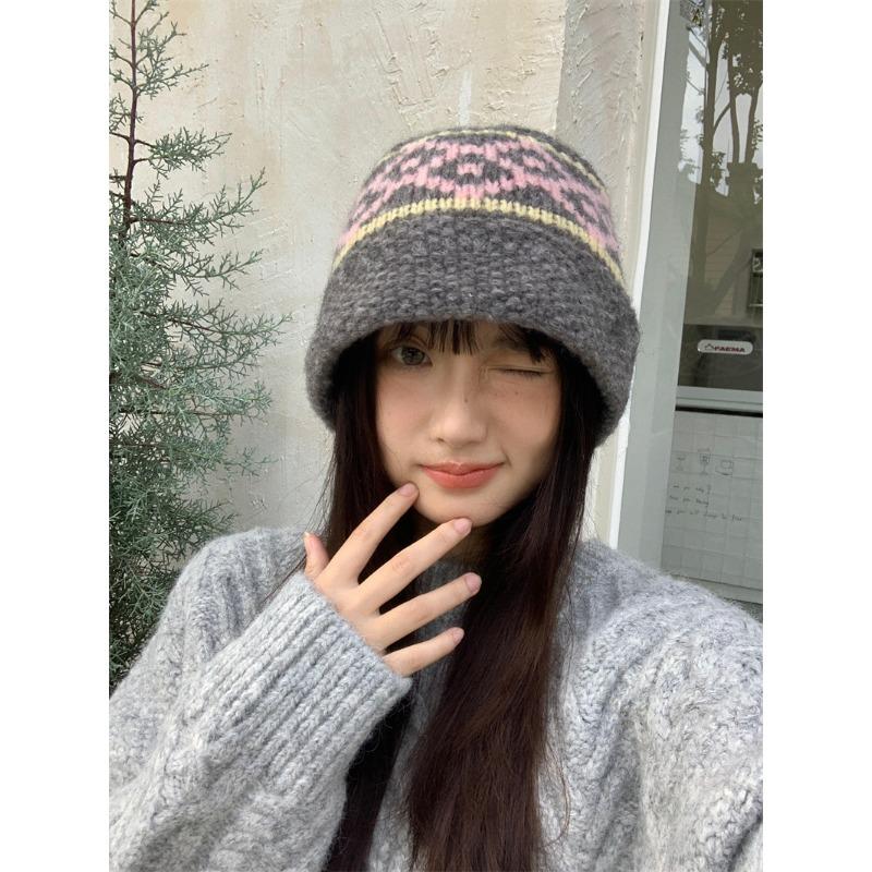 Vintage Fair Isle Jacquard Knit Bucket Hat Women Warm Autumn Winter