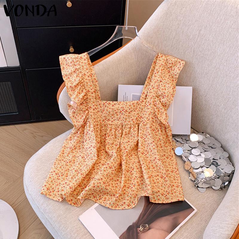 VONDA Summer Women Square Collar Sleeveless Strap Floral Print Ruffled Casual Tank Tops
