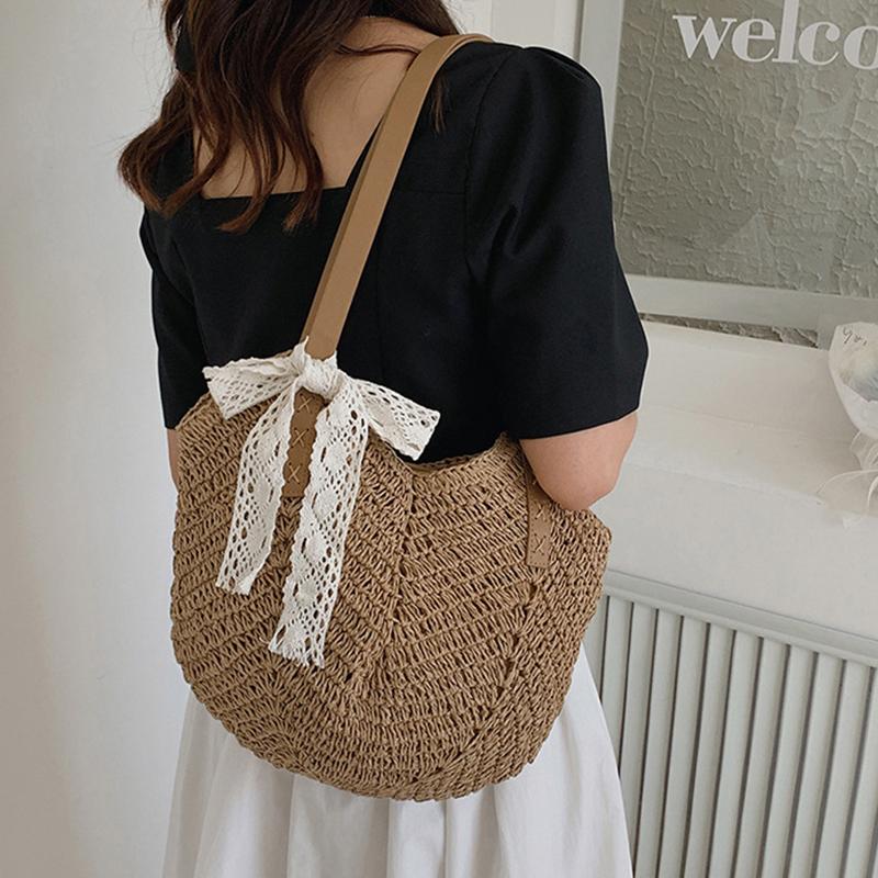 Yogodlns Повседневная соломенная сумка через плечо для женщин, полая тканая пляжная сумка из ротанга