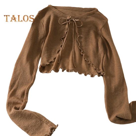 Солнцезащитный трикотажный кардиган для женщин с завязками спереди, длинными рукавами, прозрачной сеткой, пляжной накидкой с оборками и тонкими рубашками с защитой от ультрафиолета