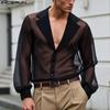 Men Lapel Neck Long Sleeve Buttons Up Mesh Sheer See Through Shirts