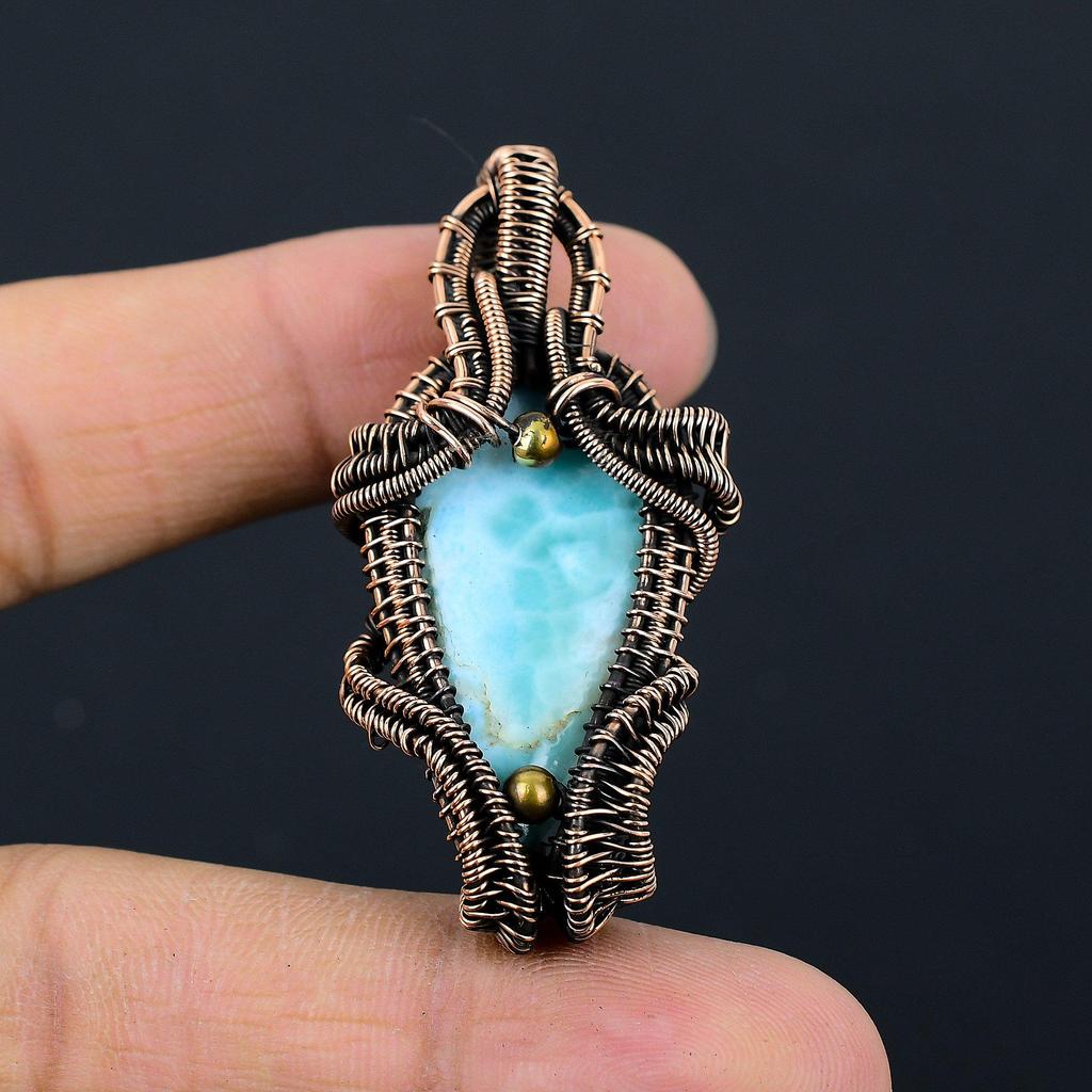 Красивый ларимар драгоценный камень медная проволока обертывание ручной работы кулон ювелирный подарок для любви