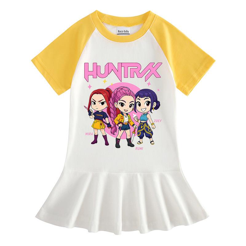 Girls Kpop Rumi Mira Zoey Hunters Print Raglan Sleeves Pleat Dress