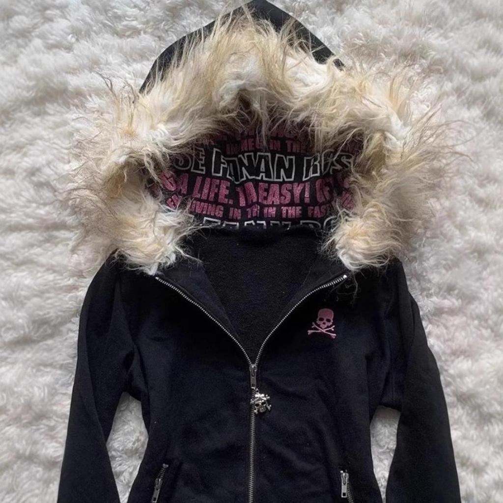 Кардиган в японском стиле Y2K с капюшоном, принтом букв и меховым воротником