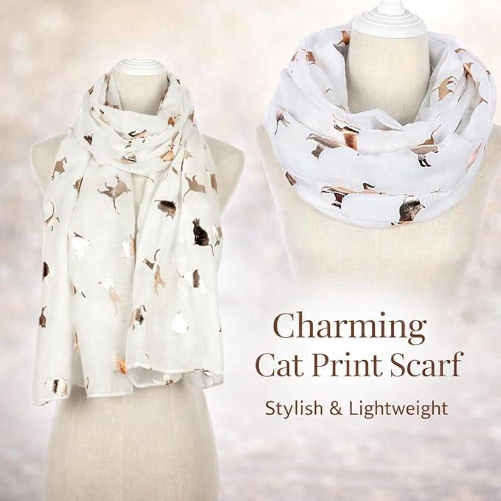with Frayed Hem Cat Print Scarf Polyester Shawl Wrap Creative Gift Animal Scarf