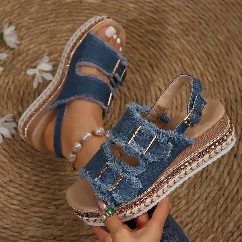 Fashion Women Wedge Sandals Summer Beach Slippers Double Buckle Non-slip Clogs Slides Women Flip Flop Platform Sandals Denim Female