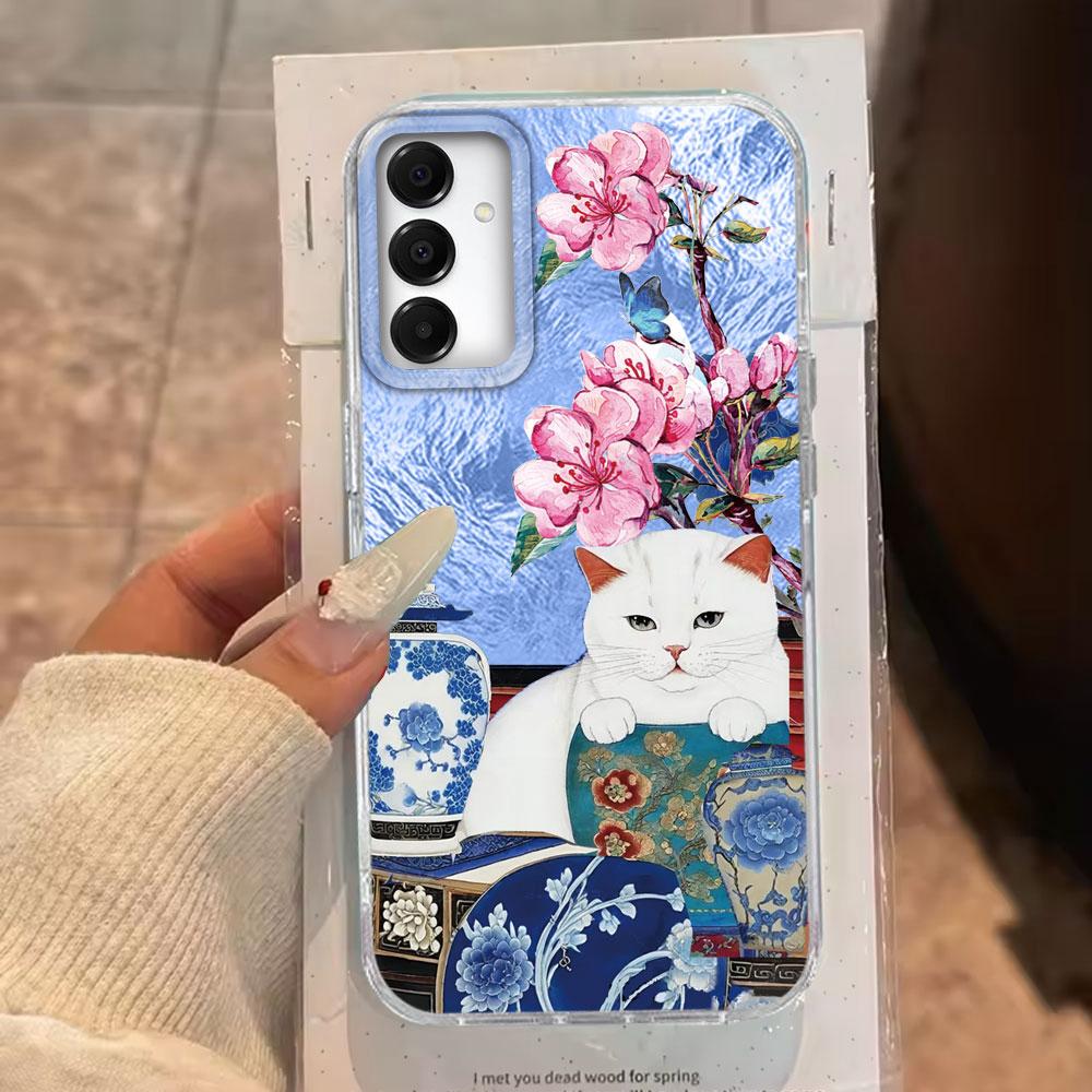Retro Lucky Cute Cat Flower Phone Case for Samsung Galaxy A55 A07 A17 A56 A36 A26 A16 A53 A06 A14 A24 A34 A54 A15 A12 A22 Cover