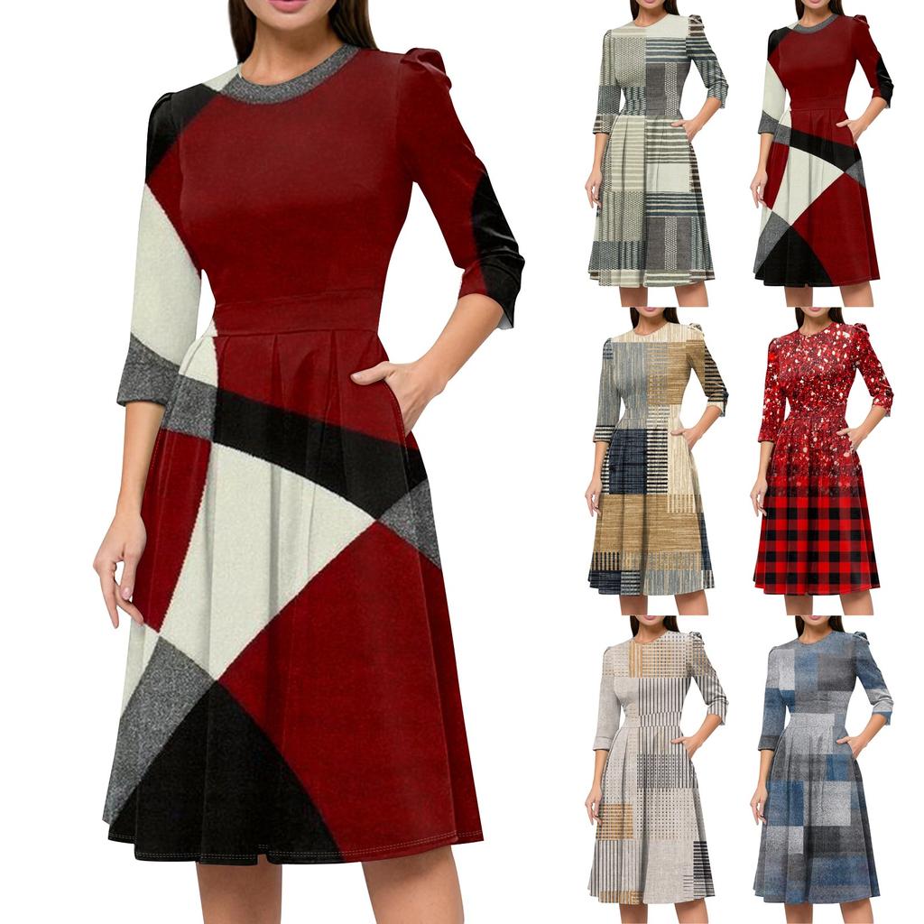 Women's Casual And Fashionable 3/4 Sleeve Pocket With Back Zipper Dress