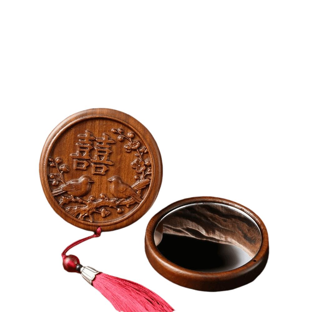 Multifunctional Head Massager Wooden Guasha Point Comb Handheld Retro Makeup Mirror Health Care