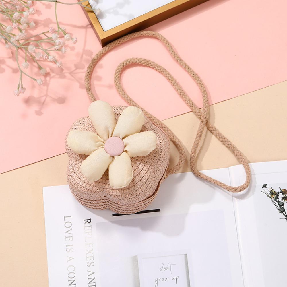 Cute Handmade Kids Straw Bag Flower Shape Woven Crossbody Bag Summer Beach Bag for Children Girls