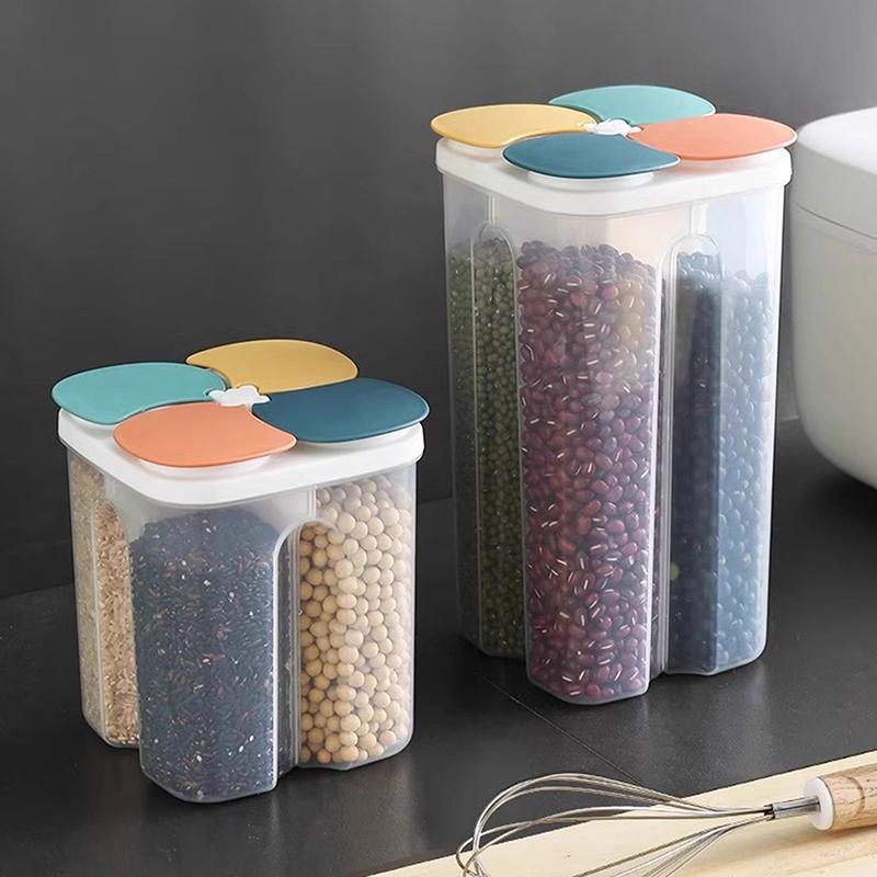 1 шт. Прозрачный контейнер для хранения четырех видов зерна и злаков, кухонные принадлежности, влагонепроницаемый, герметичный, с отделениями, банка с открывающейся крышкой