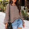 Winter Women's Oversized Long Sleeve Striped Sweater Casual Crewneck Side Split Tunic Pullover Jumper Knit Tops