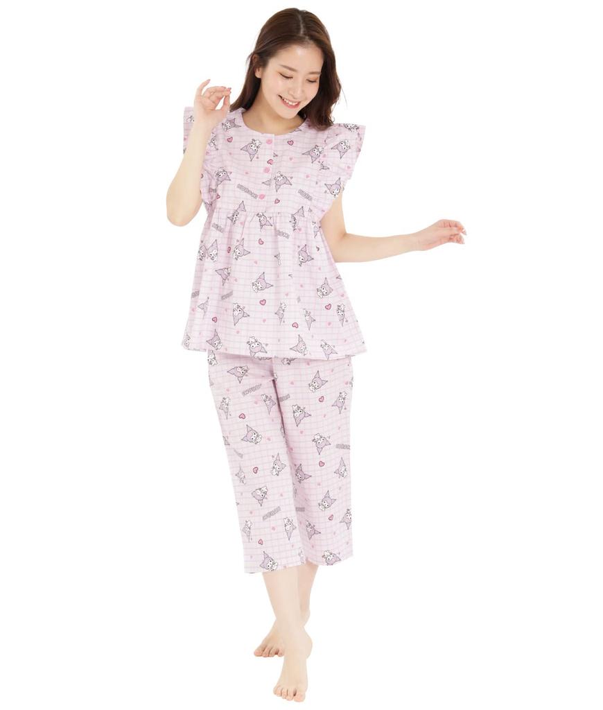 [SAZAC] SAN1483 Check Kuromi Frill Pajamas, Women's, Short Sleeves and Pants Set, Loungewear, Kuromi, Sanrio, Purple/M