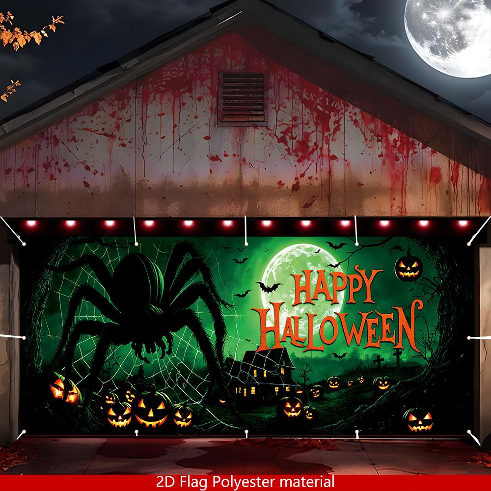 2D flat, 1 piece Happy Halloween garage flag, polyester spider-themed decorative background