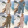 Summer Womens Pure Color Irregular Short Sleeve Suit With Pleated Pants For Casual Wear