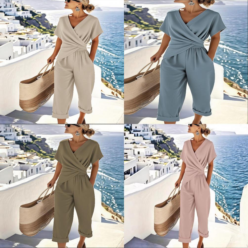 Summer Womens Pure Color Irregular Short Sleeve Suit With Pleated Pants For Casual Wear