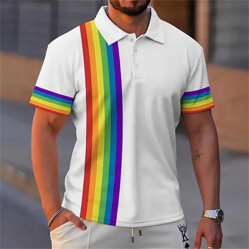 Casual short-sleeve polo with rainbow stripe details, trendy men's top.