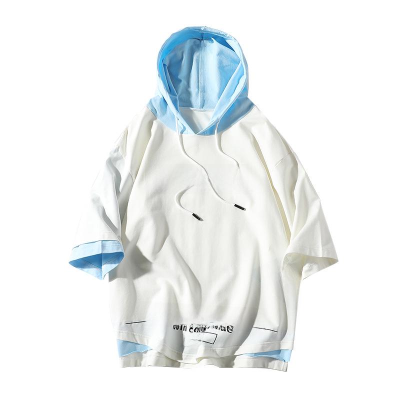 Модная мужская толстовка контрастного цвета с капюшоном и рукавами три четверти — большой размер.