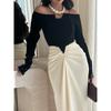 Fall Winter Elegant Color-block Pearl Bodycon Evening Dress for Women, European American Style Party Gown for Crossborder Dropshipping