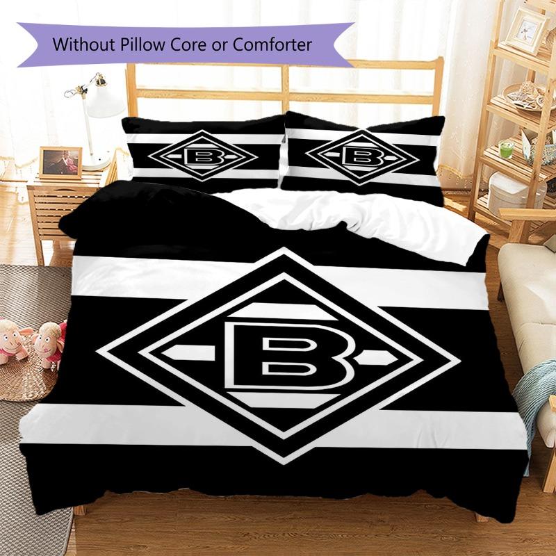 Borussia Monchengladbach Black White Stripe Logo 3Pcs Bedding Set, Duvet Cover & 2 Pillowcases, Football Bed Linens, No Comforter No Pillow Core